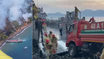 Marmaris’te orman yangını. Arazözleri çıkarma gemileri taşıdı