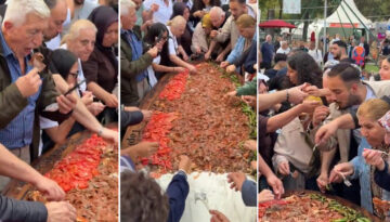 Bursa’da ilginç görüntü. 700 kişi aynı tepsiden 50 kilo iskender yedi