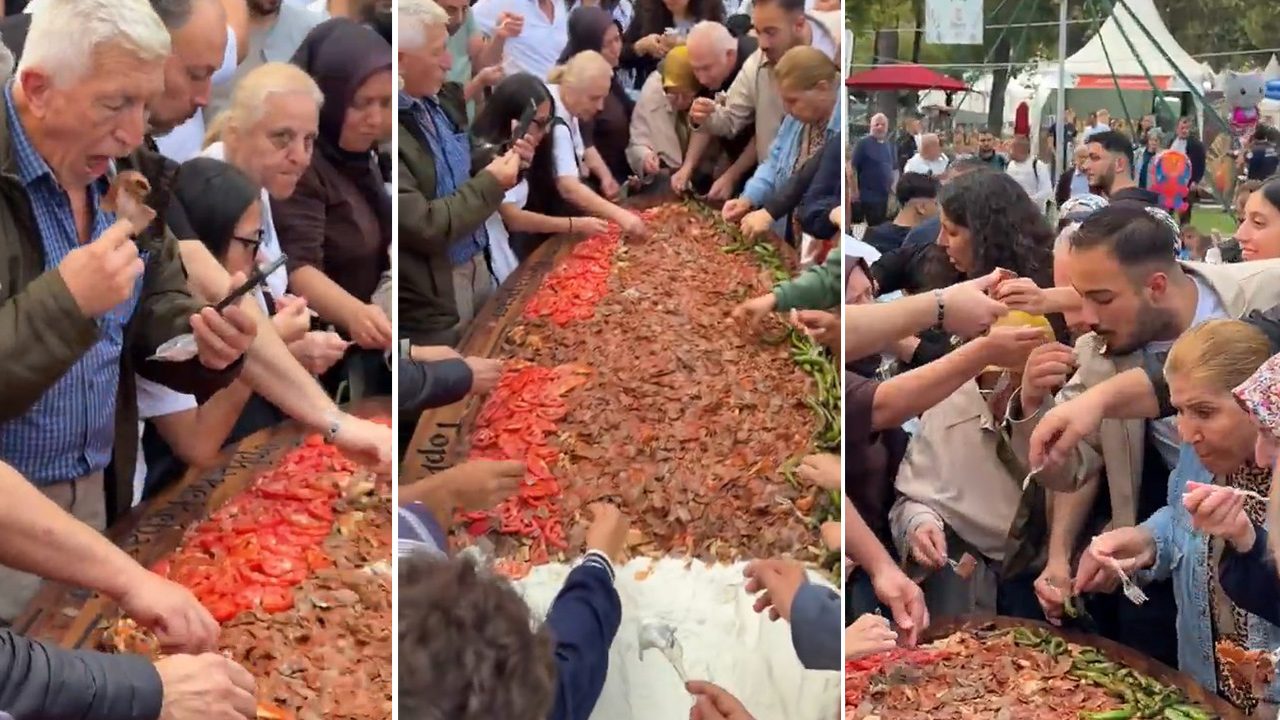 Bursa’da ilginç görüntü. 700 kişi aynı tepsiden 50 kilo iskender yedi