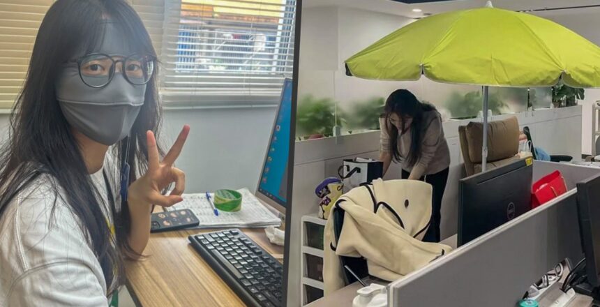 Yeni akım: Ofiste şemsiye açıp maske takıyorlar